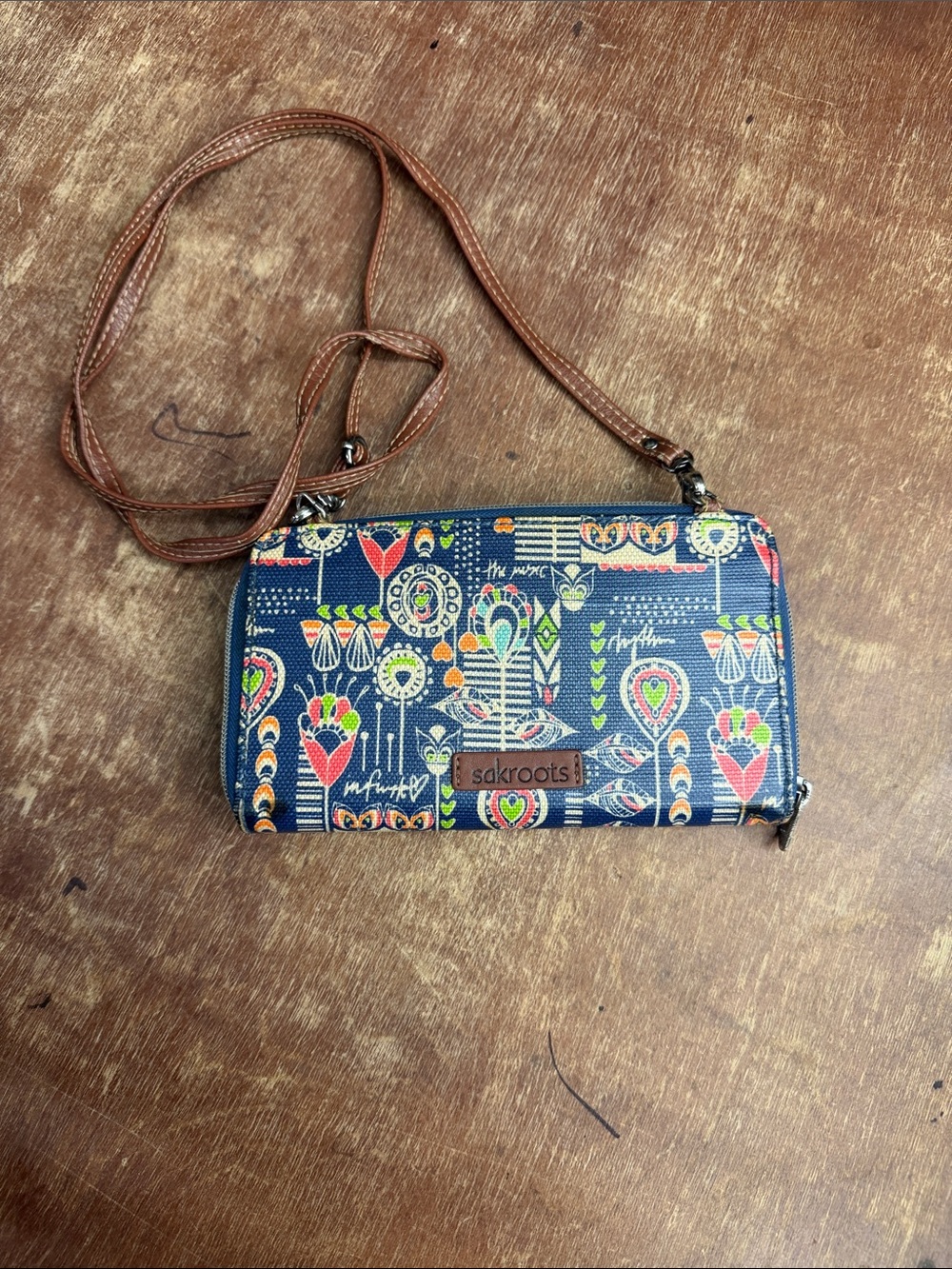 Sakroots Navy Multicolor Floral Crossbody Wallet with Brown Strap